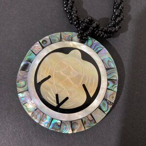 Abalone Shell Sea Turtle Pendant Necklace Black Beaded Strand